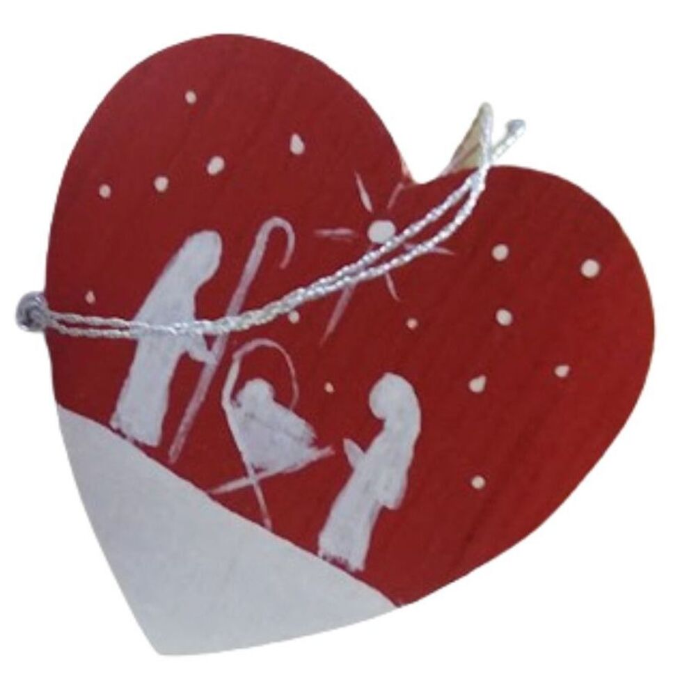 Hand Painted Christmas Ornament Bethlehem Nativity Wood Signed D. Bazyh Heart
